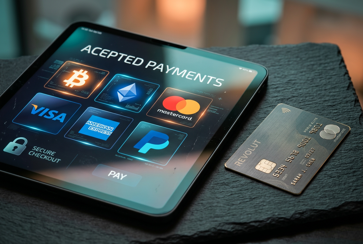 A digital tablet displaying cryptocurrency and e-wallet payment options for online gaming.