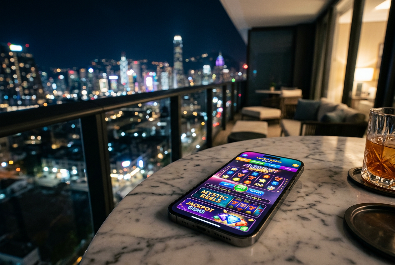 A high-end smartphone displaying a vibrant online casino interface on a luxury background.