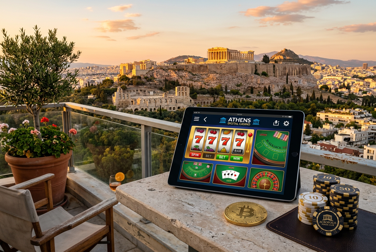 A digital Bitcoin coin and casino chips with a view of Athens.