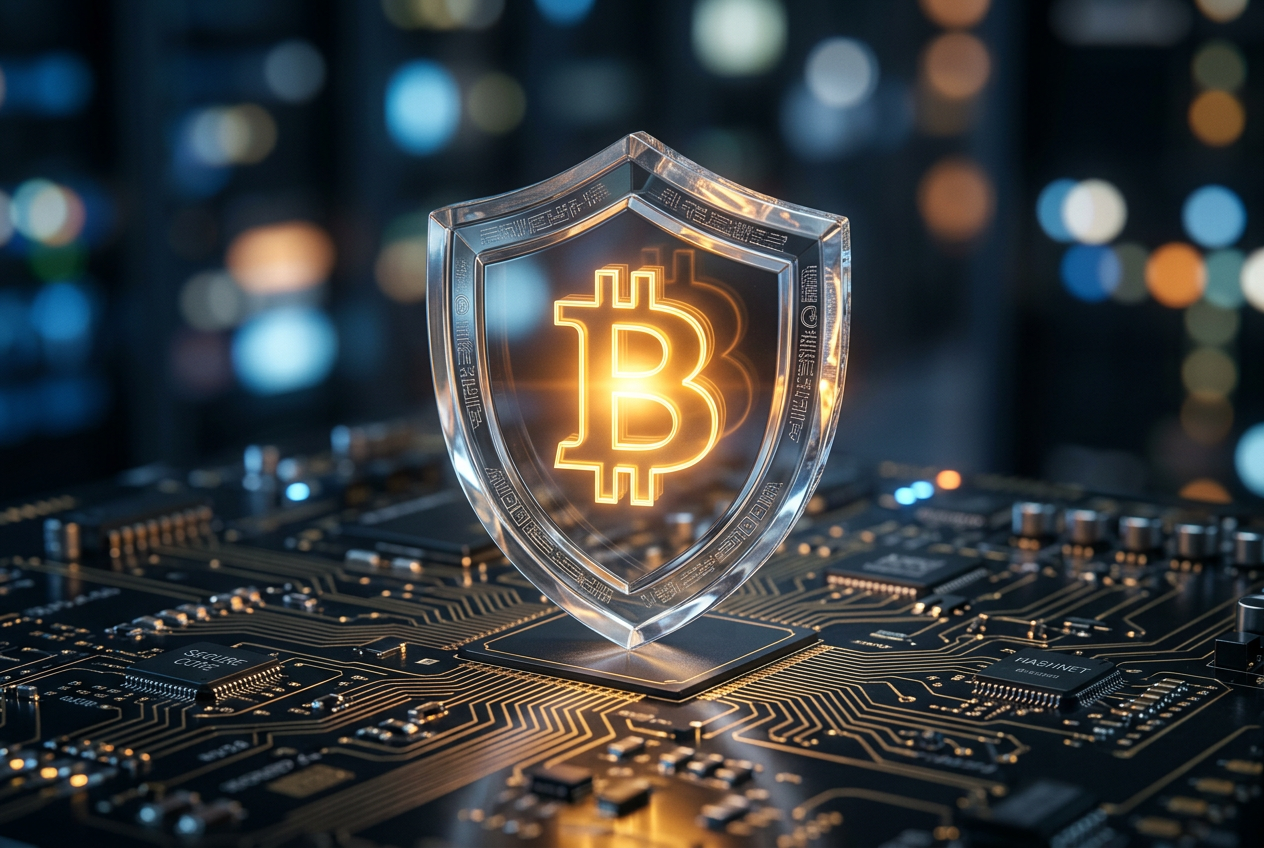 A digital lock icon over a Bitcoin symbol, representing secure online transactions.