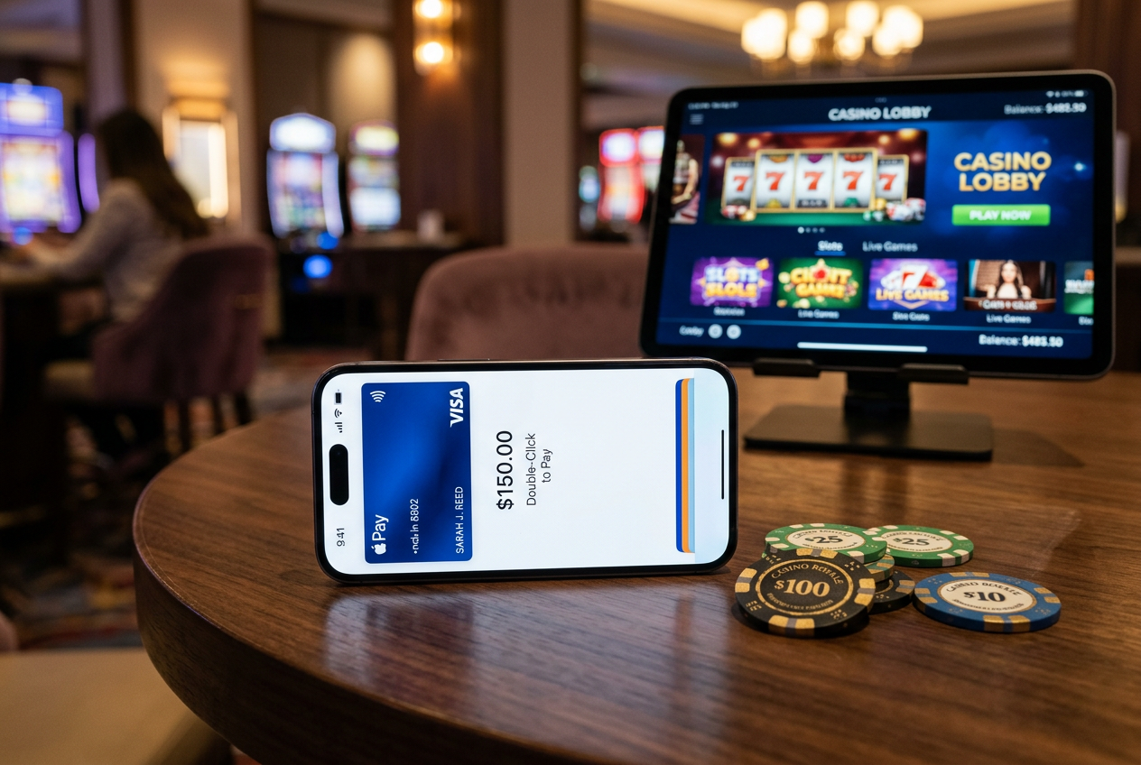 Ένα iPhone που εμφανίζει τη διεπαφή του Apple Pay δίπλα σε μάρκες καζίνο.
