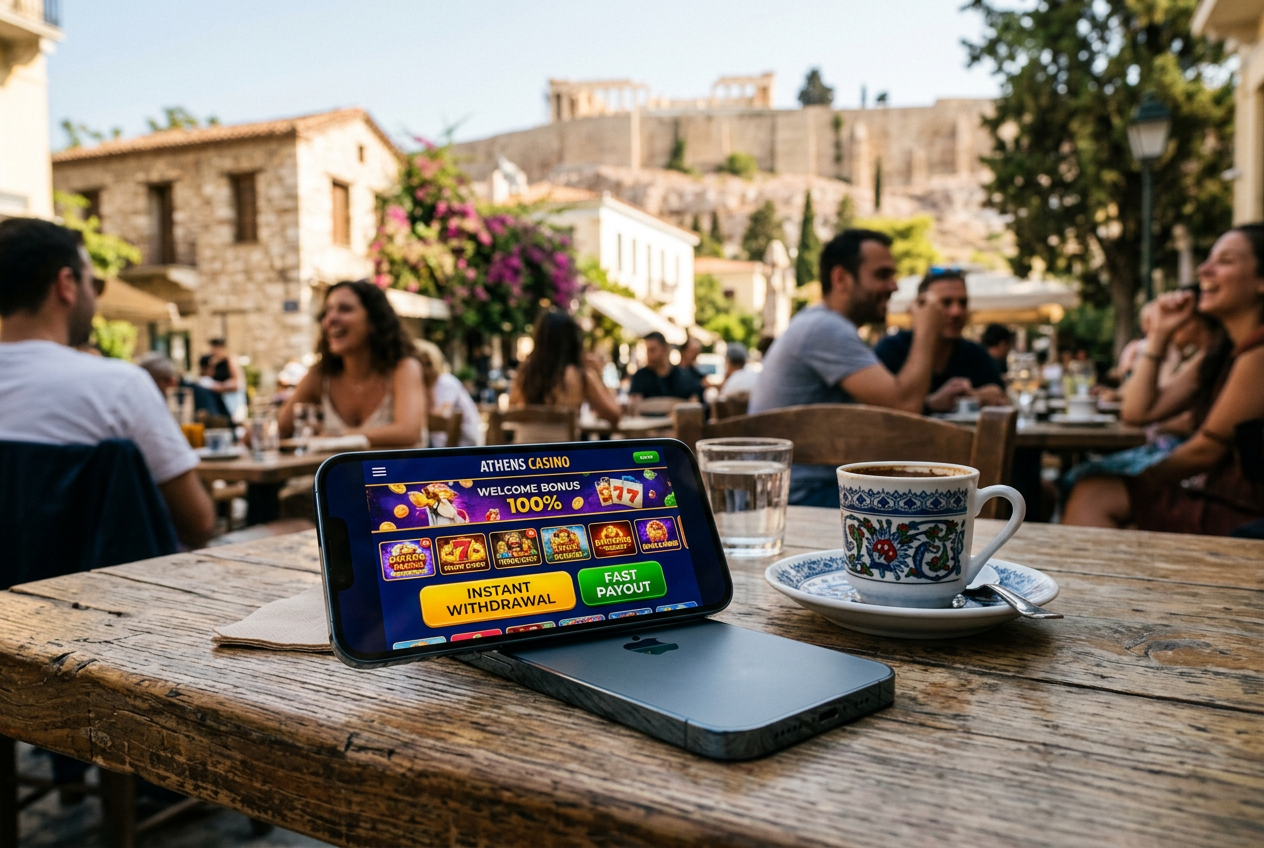 A sleek mobile interface showing fast payment methods for Greek players.