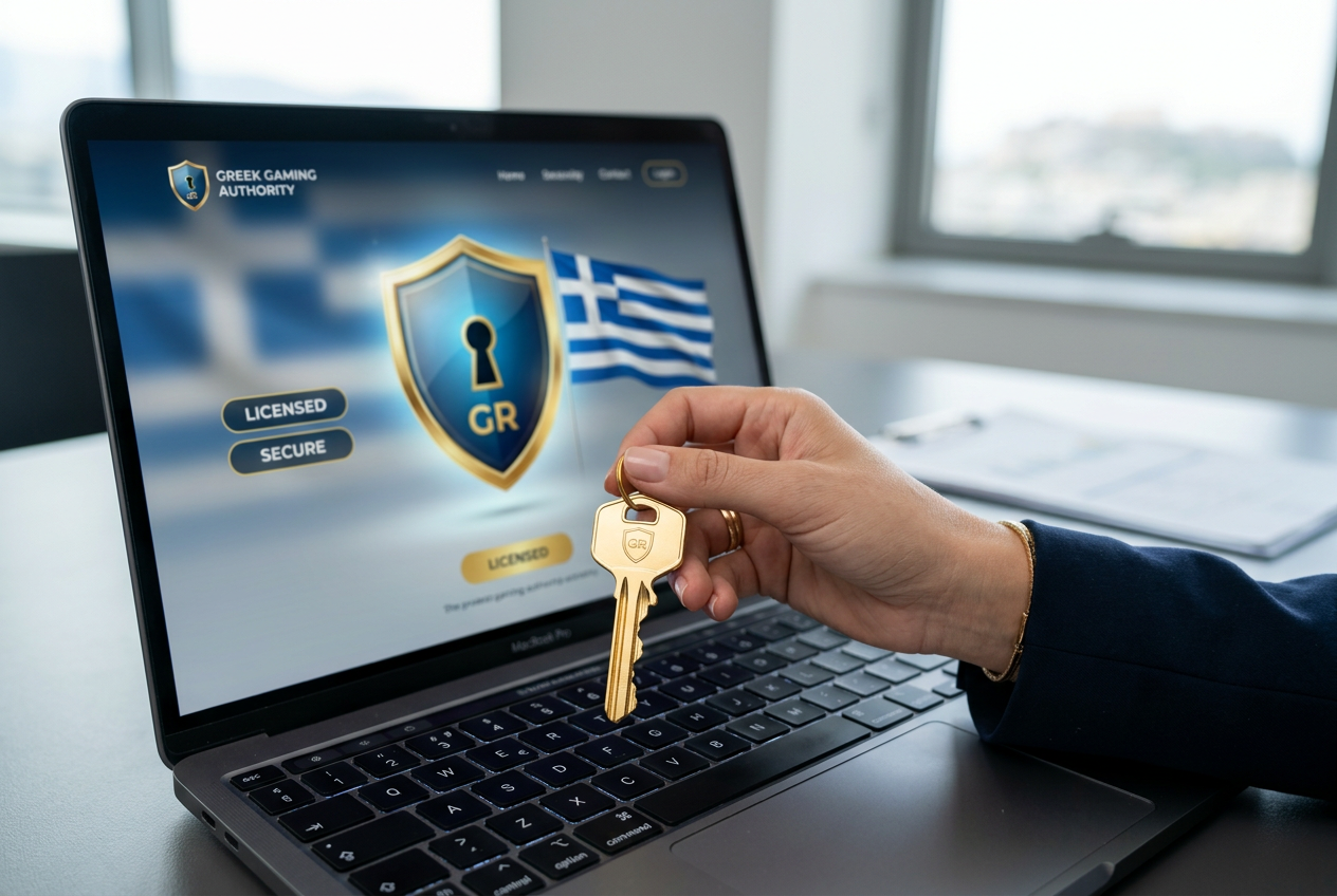 A symbolic image of digital security and Greek regulatory standards.
