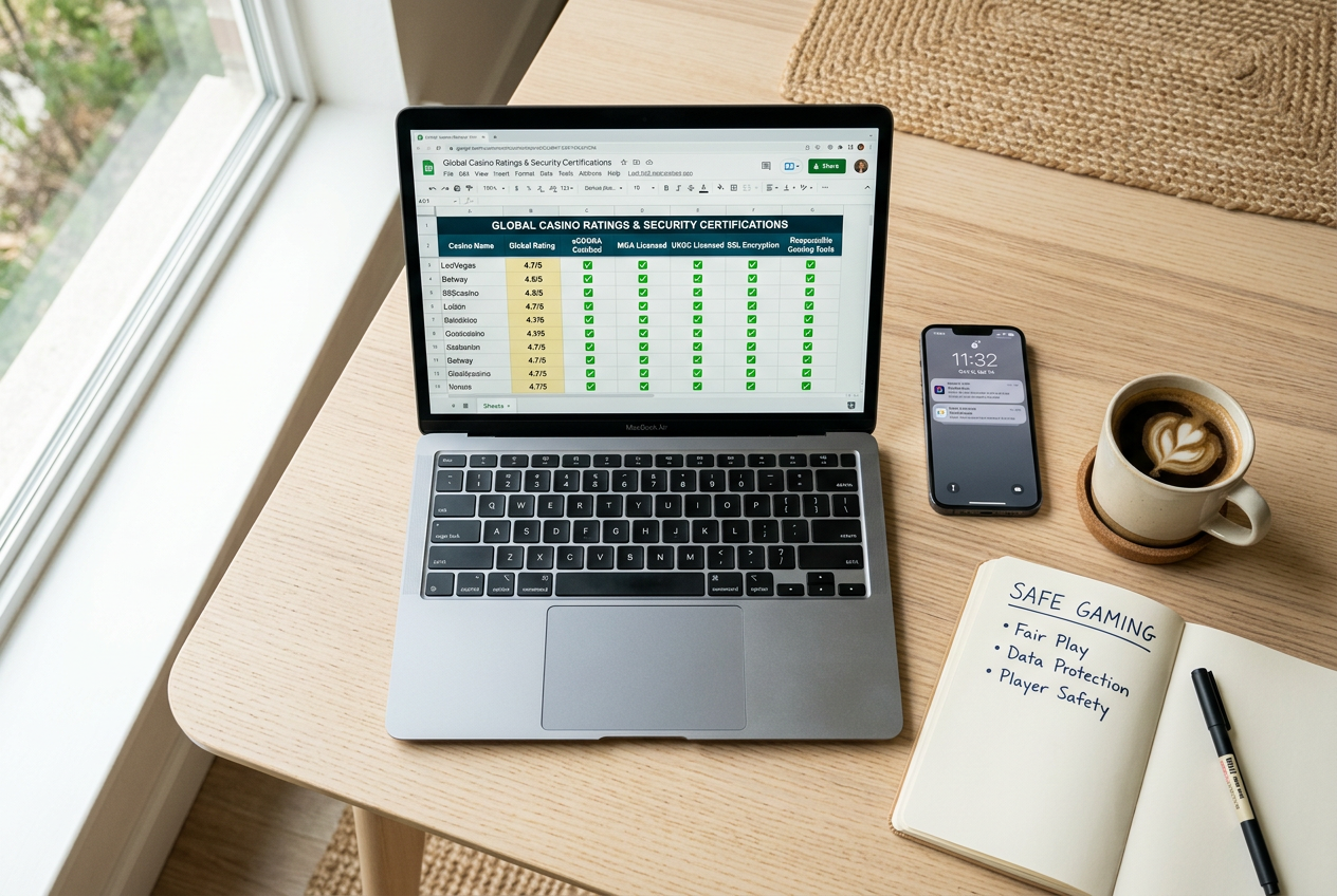 A professional desk setup showing a laptop and documents used for reviewing online casinos.