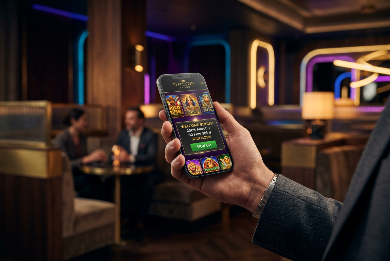 A high-end smartphone displaying a vibrant online casino interface with slot games and a welcome bonus banner.