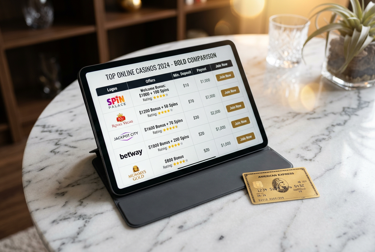 A modern tablet and a gold credit card on a marble desk showing a comparison of casino bonuses.